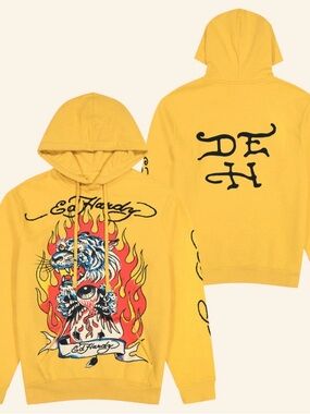 Ed Hardy Mustard Hoodie with Flaming Tiger Graphic